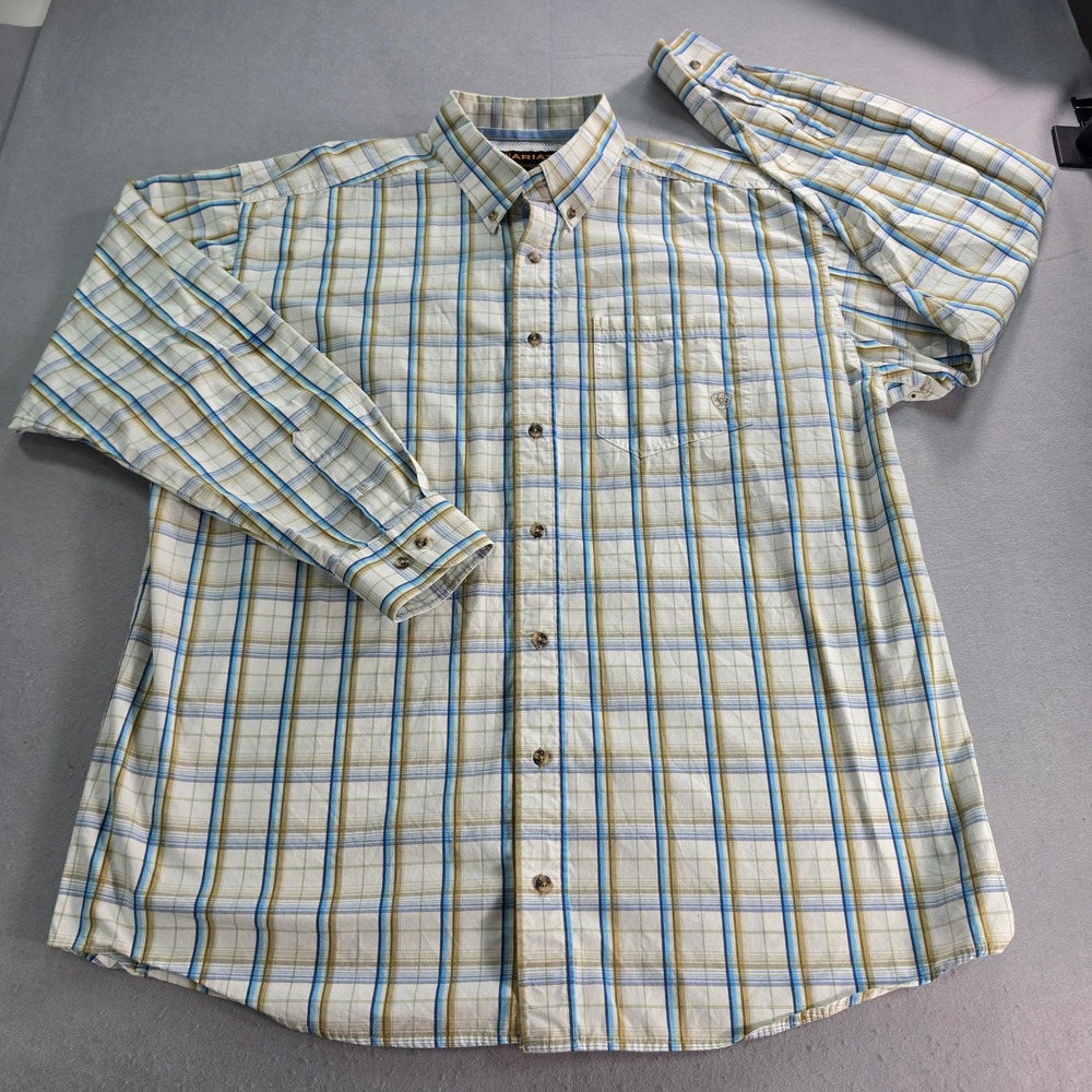 Ariat Mens XXL Western Shirt Blue Tan White Plaid Long Sleeve Button Down EUC